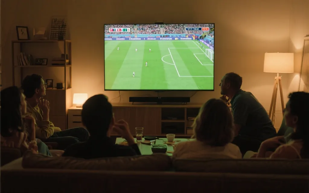智能电视投屏观看足球比赛的客厅场景，温暖灯光与聚会氛围